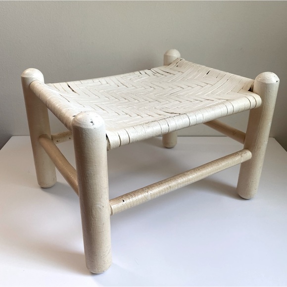Vintage Other - {SOLD} Vintage woven rattan + wood foot stool, painted white
